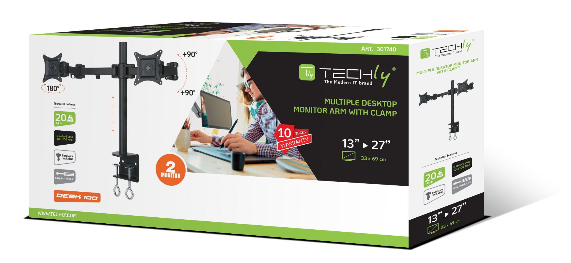 Supporto da Scrivania per 2 Monitor 13-27'' Diametro 48 mm ad Altezza Regolabile con Morsetto a C - immagine 2