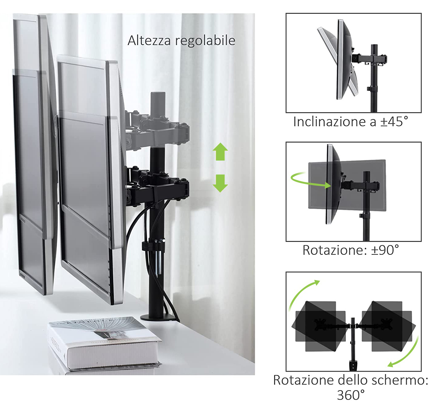 Supporto da Scrivania per 2 Monitor 13-27'' Diametro 48 mm ad Altezza Regolabile con Morsetto a C - immagine 4