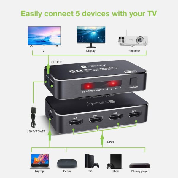 Switch HDMI 2.0b 5in 1out 4K HDR HDCP2.2 con Telecomando - immagine 2