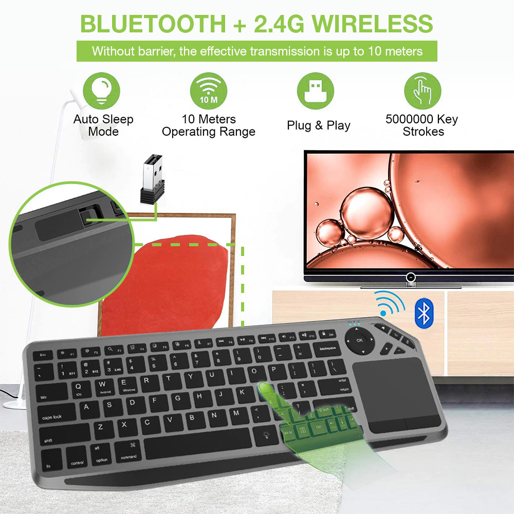 Tastiera Wireless Dual Mode Bluetooth & 2.4G per Smart TV Retroilluminata con Touchpad - immagine 5