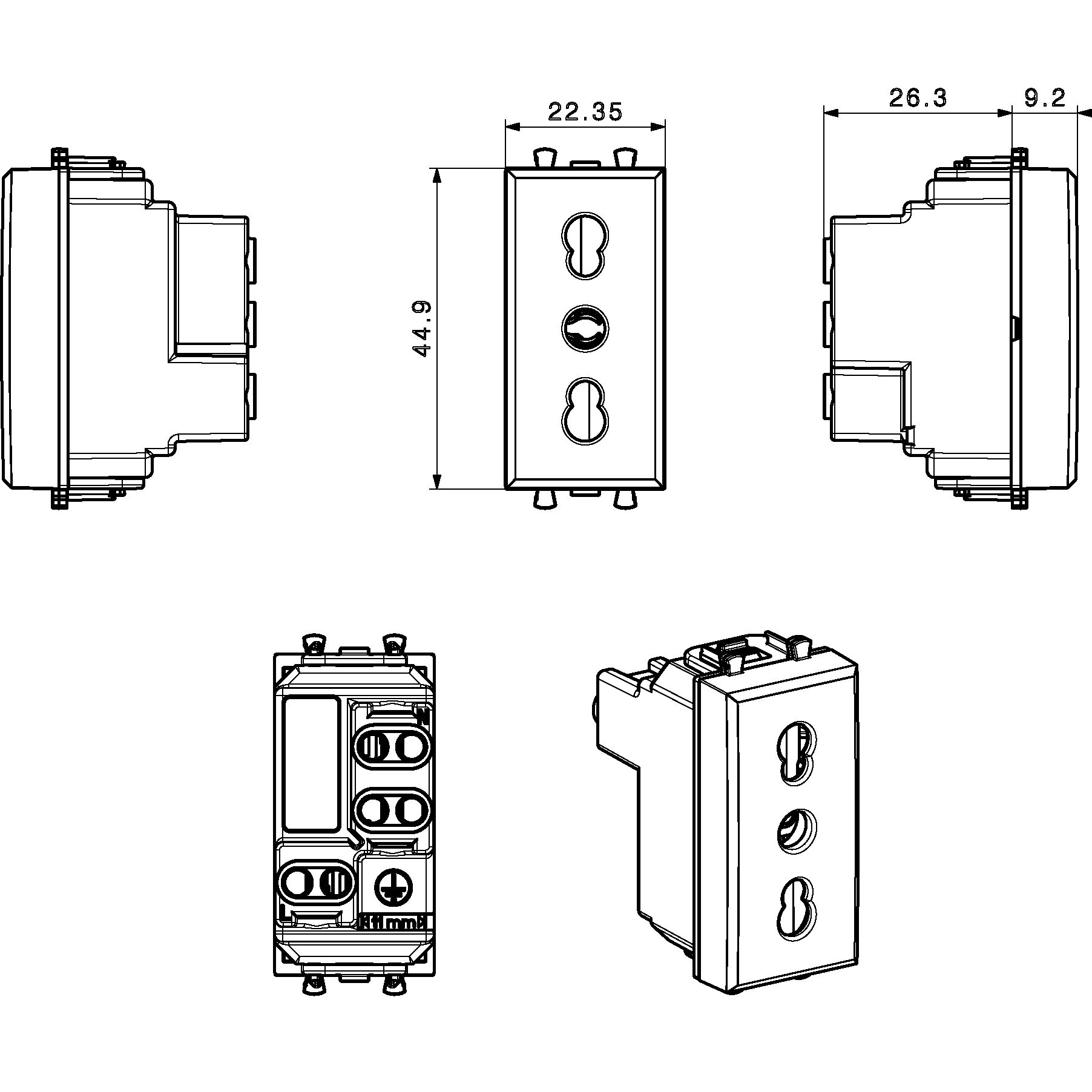 Tekla S44 Presa bipasso 2P+T 10/16A 250V 1 Modulo Grigio Opaco, 445006/15TS - immagine 2
