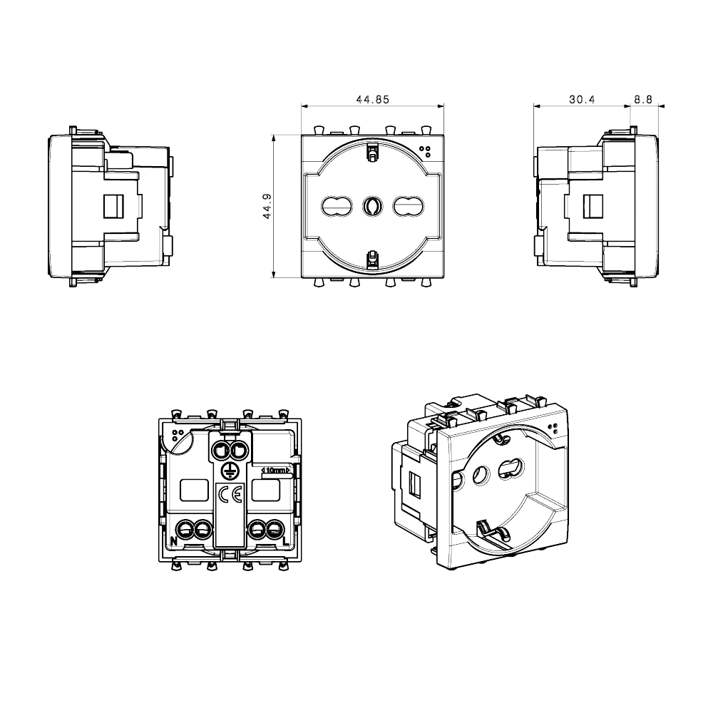 Tekla S44 Presa Schuko Bipasso 2P+T 10/16A 250V Grigio Opaco, 445090/15TS - immagine 2
