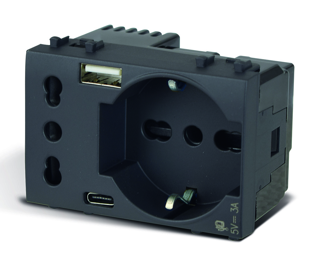 Tekla S44 Presa Schuko Presa Italiana USB-A e USB-C™ 2P+T 10/16A 250V 3 Moduli Grigio Opaco, 44509015USB - immagine 3